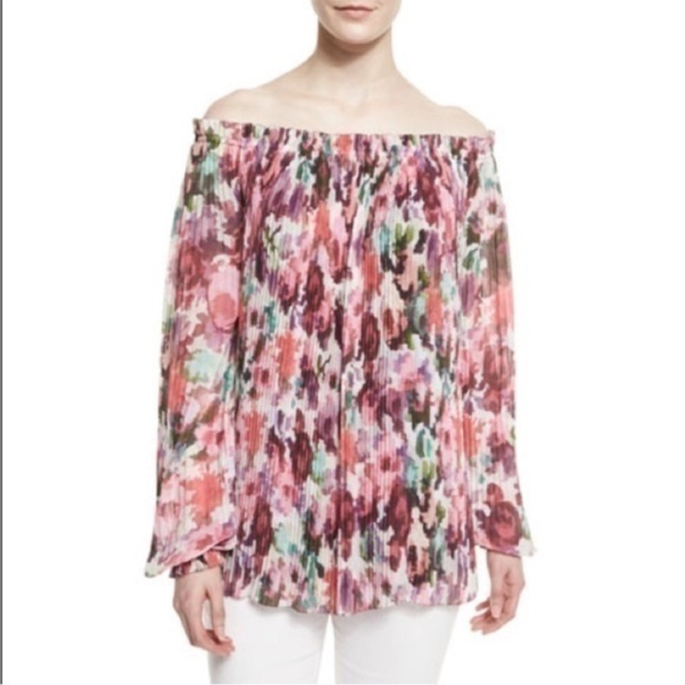 St. John Brigitte Floral-Print Georgette Pleated Blouse